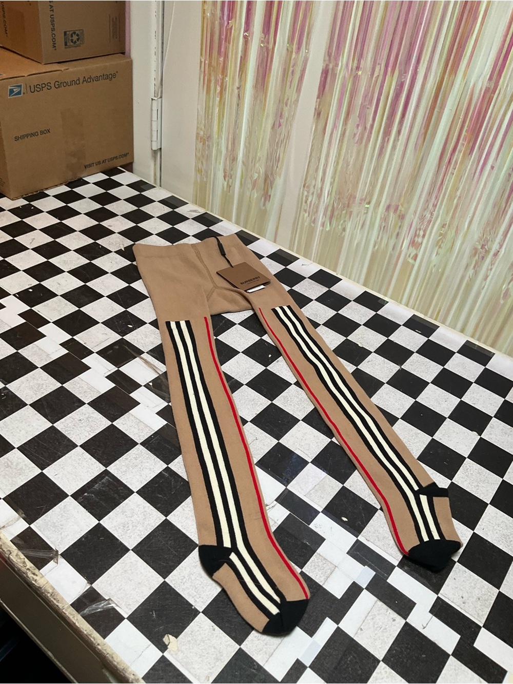 Burberry Beige Tights with Black, White and Red Stripe Detail
